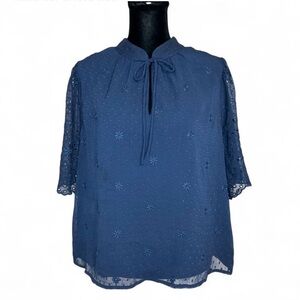 LOFT Navy Floral Embroidered Blouse L 3/4 Sleeves High Neck W/Lace And Tie Front